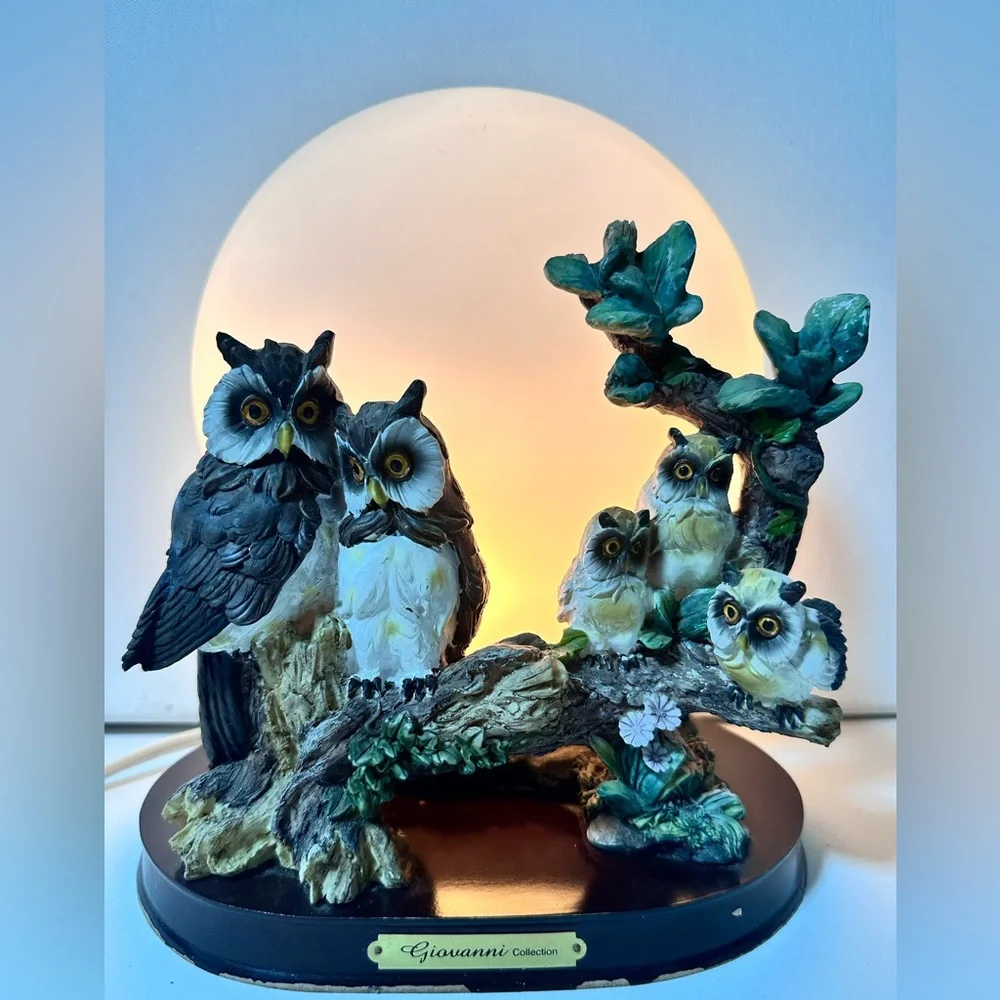 Vintage Resin Owl Family Statue Glass Moon Night Light Wild Life Scene Rare Find